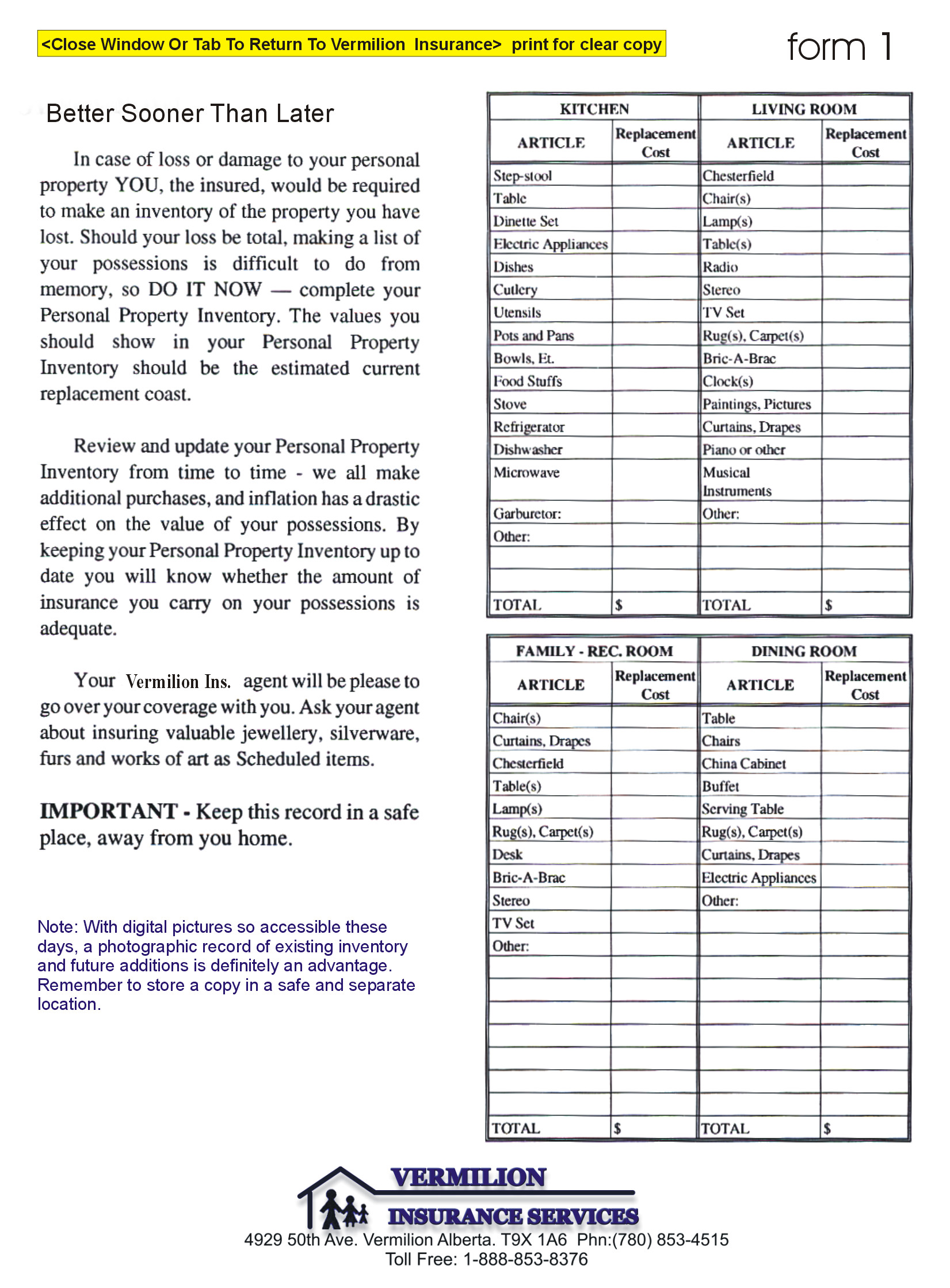Vermilion Insurance Inventory Forms