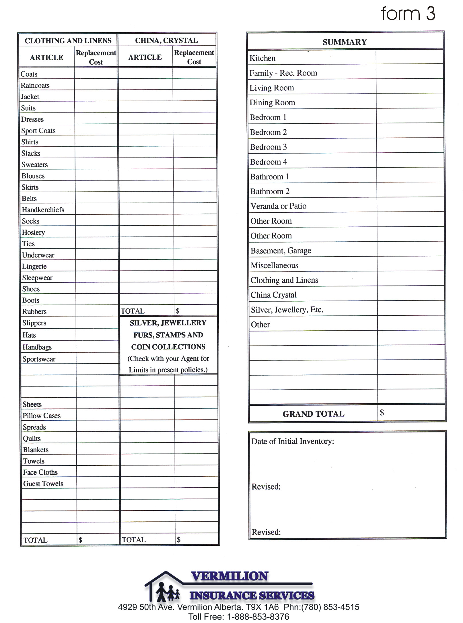 Vermilion Insurance Inventory Forms